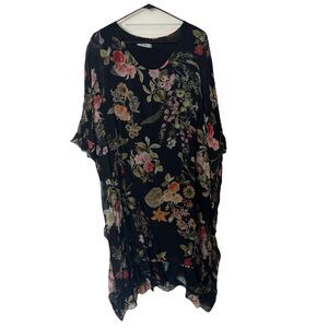 ELENA BALDI Dress Small  Silk Blend Floral Chiffon Flowy Boho Resort Black Multi